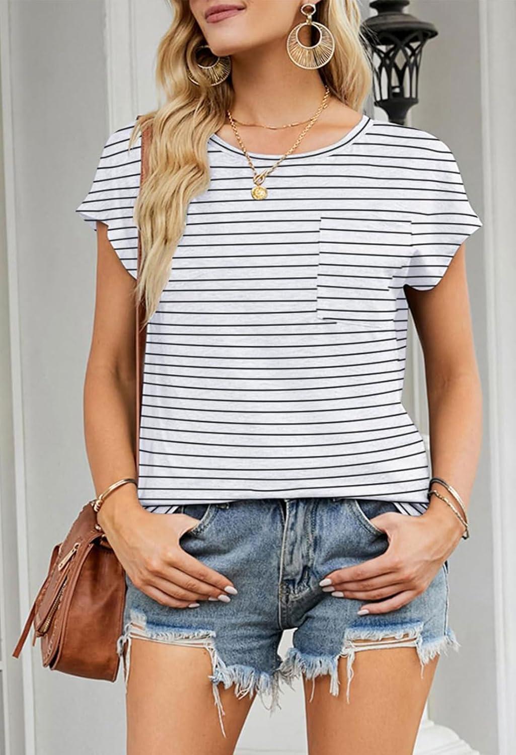 imageMEROKEETY Womens 2026 Summer Cap Sleeve Tops Business Dressy Loose Basic T Shirts Blouse Fashion Outfits Trendy ClothesWhiteBlack