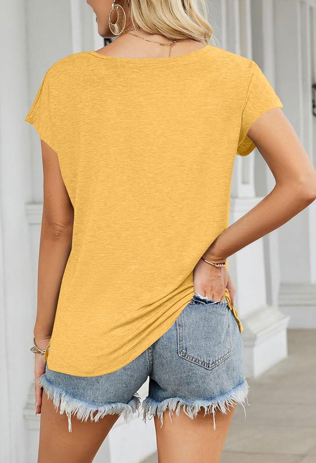 imageMEROKEETY Womens 2026 Summer Cap Sleeve Tops Business Dressy Loose Basic T Shirts Blouse Fashion Outfits Trendy ClothesYellow