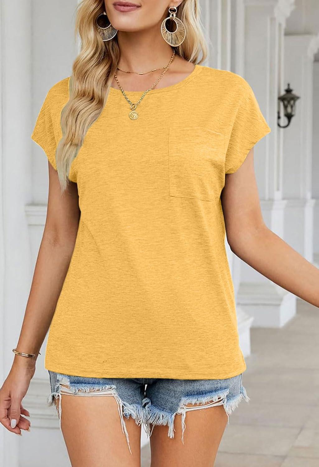 imageMEROKEETY Womens 2026 Summer Cap Sleeve Tops Business Dressy Loose Basic T Shirts Blouse Fashion Outfits Trendy ClothesYellow