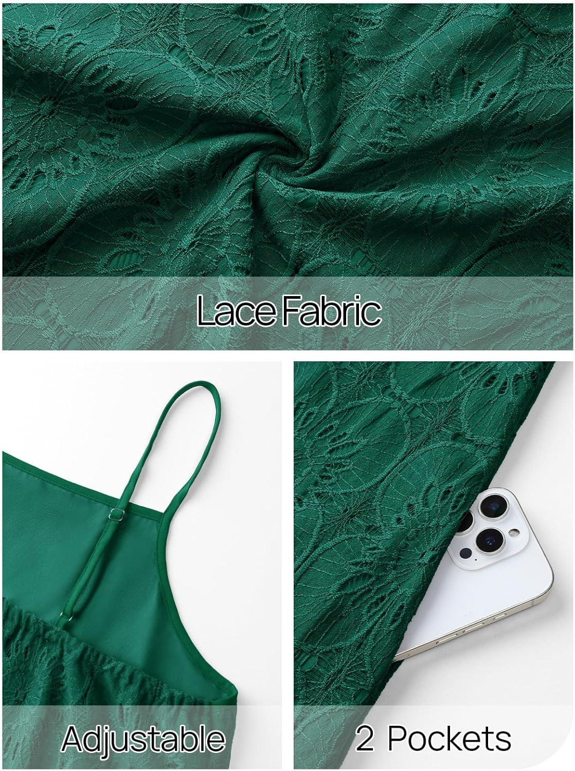 imageMEROKEETY Womens Summer Spaghetti Straps Sundress 2026 Casual Sleeveless Floral Lace Eyelet Boho Beach Maxi DressGreen