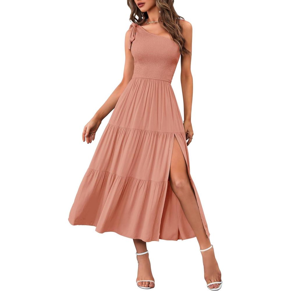 imageMEROKEETY Womens 2026 Summer Sleeveless Midi Dress One Shoulder Knot Smocked Split Formal Cocktail Wedding Guest DressesTawny Orange