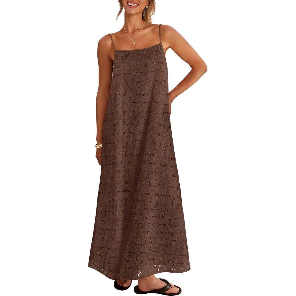 imageMEROKEETY Womens Summer Spaghetti Straps Sundress 2026 Casual Sleeveless Floral Lace Eyelet Boho Beach Maxi DressBrown