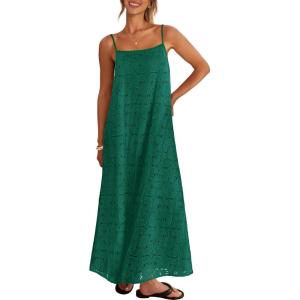 MEROKEETY Women’s Summer Spaghetti Straps Sundress 2026 Casual Sleeveless Floral Lace Eyelet Boho Beach Maxi Dress(Green)
