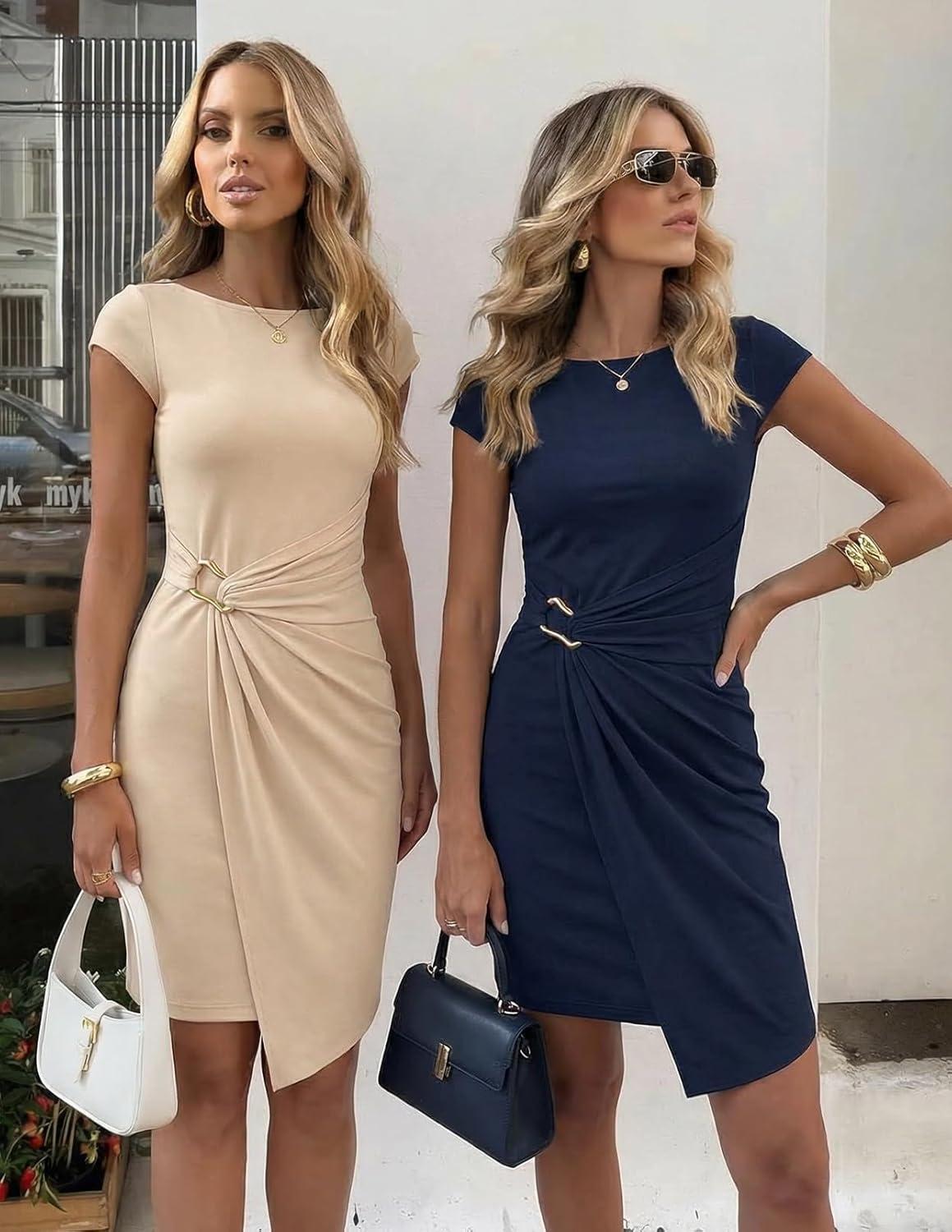 imageMEROKEETY Womens 2026 Summer Bodycon Mini Dress Cap Sleeve Ruched Wedding Guest Cocktail Party Beach SundressApricot