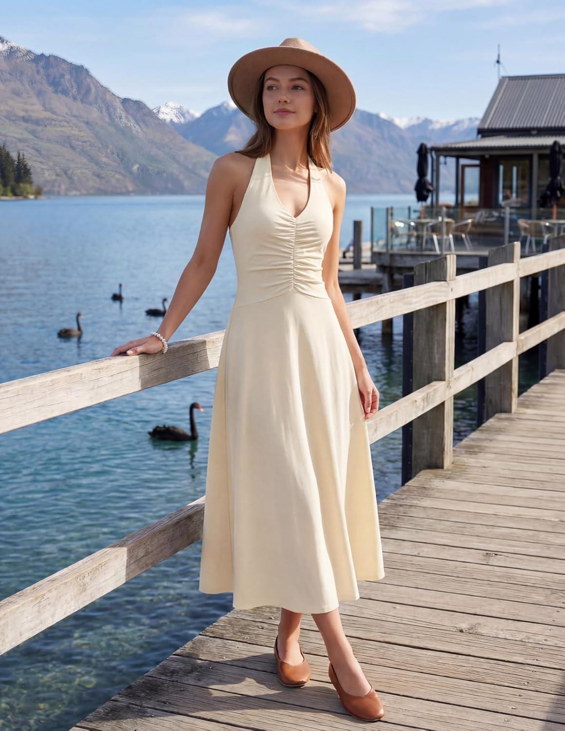 imageMEROKEETY Womens Formal Halter Maxi Dress 2026 Summer Backless Sleeveless V Neck Ruched Cocktail Wedding Guest DressesApricot