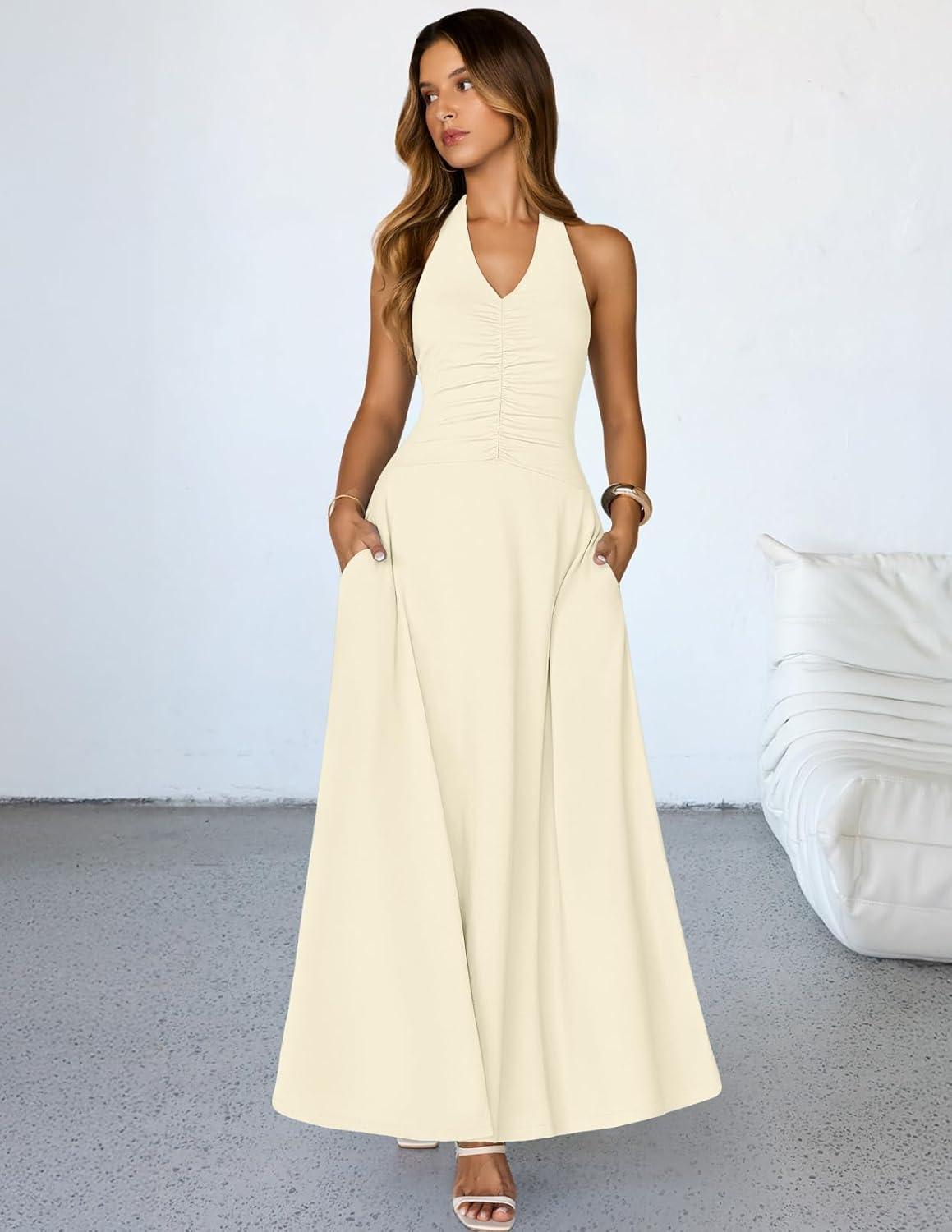 imageMEROKEETY Womens Formal Halter Maxi Dress 2026 Summer Backless Sleeveless V Neck Ruched Cocktail Wedding Guest DressesApricot