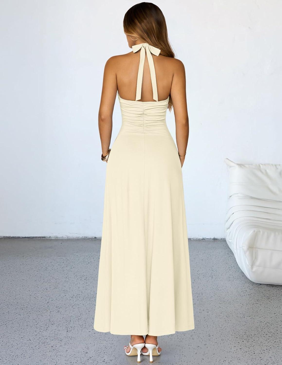 imageMEROKEETY Womens Formal Halter Maxi Dress 2026 Summer Backless Sleeveless V Neck Ruched Cocktail Wedding Guest DressesApricot