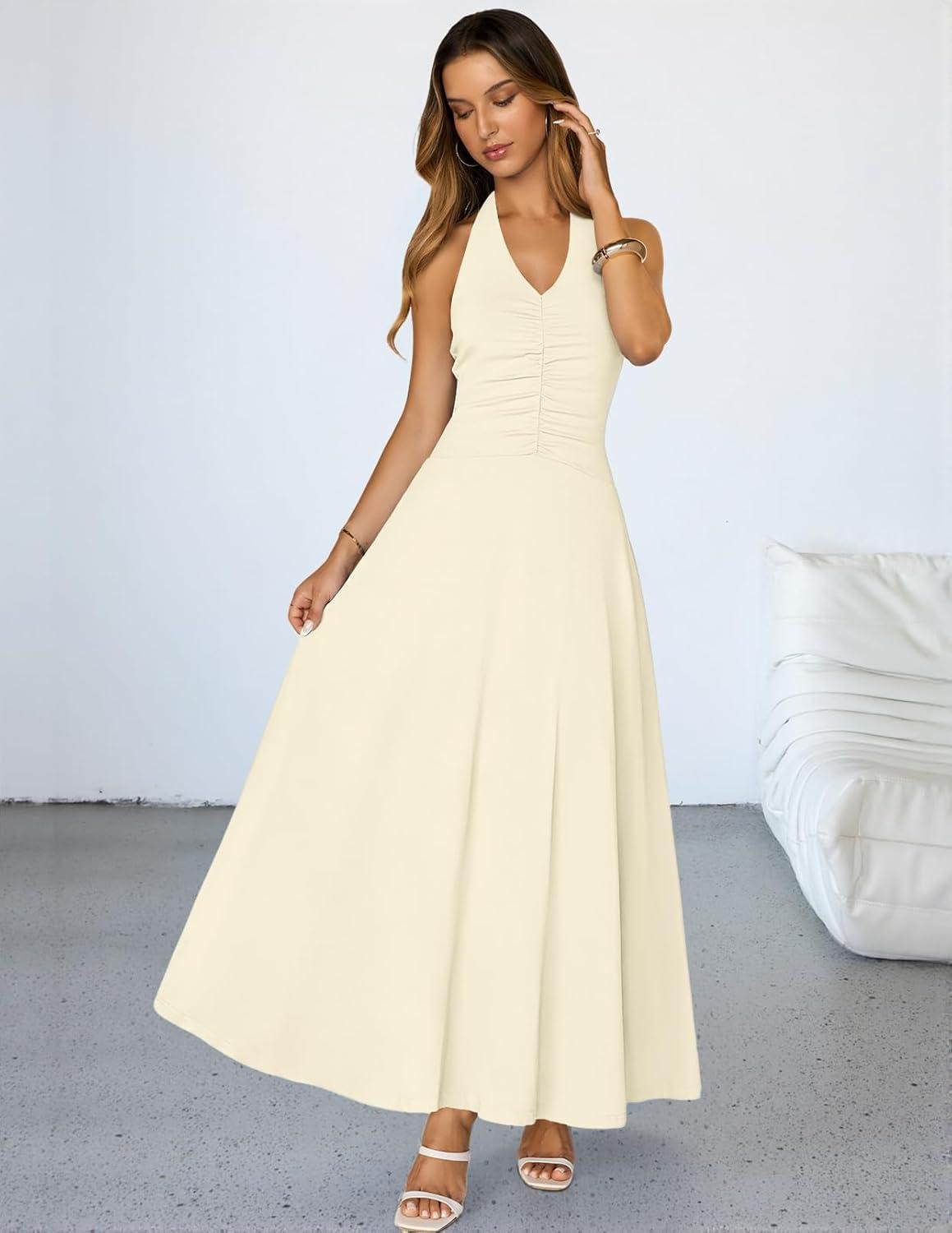 imageMEROKEETY Womens Formal Halter Maxi Dress 2026 Summer Backless Sleeveless V Neck Ruched Cocktail Wedding Guest DressesApricot