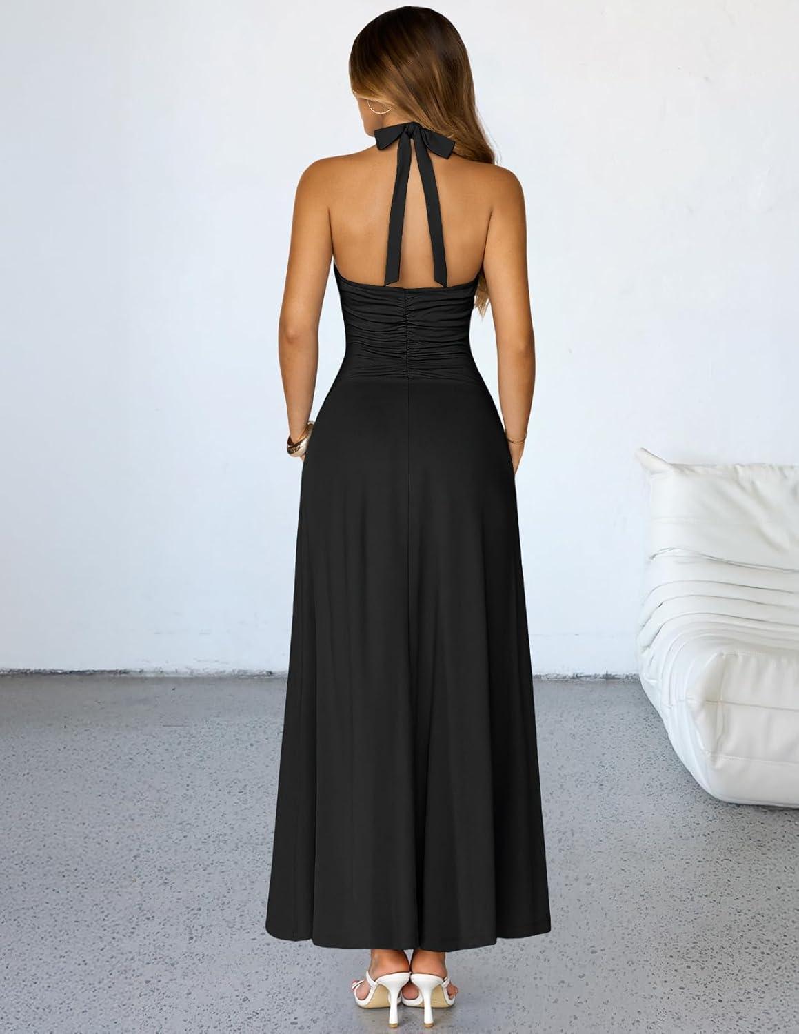 imageMEROKEETY Womens Formal Halter Maxi Dress 2026 Summer Backless Sleeveless V Neck Ruched Cocktail Wedding Guest DressesBlack