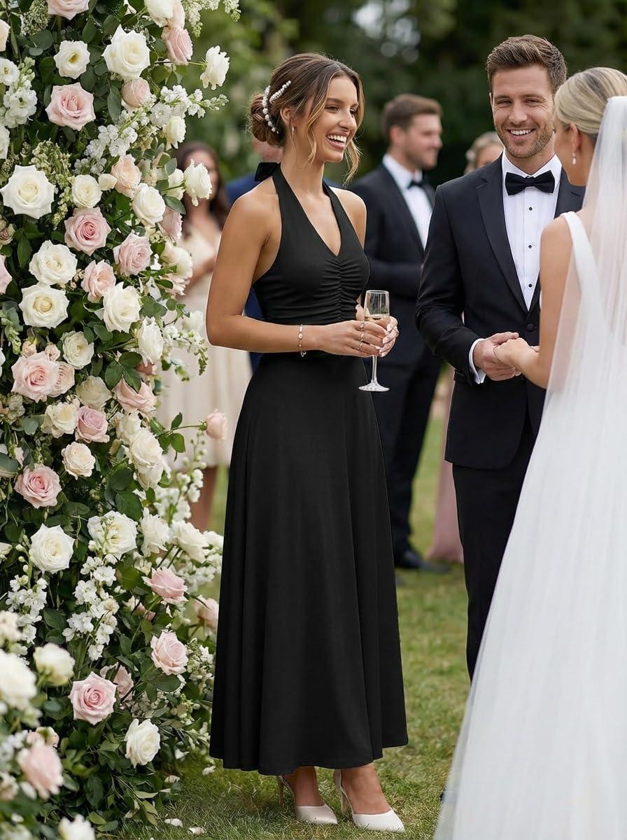 imageMEROKEETY Womens Formal Halter Maxi Dress 2026 Summer Backless Sleeveless V Neck Ruched Cocktail Wedding Guest DressesBlack