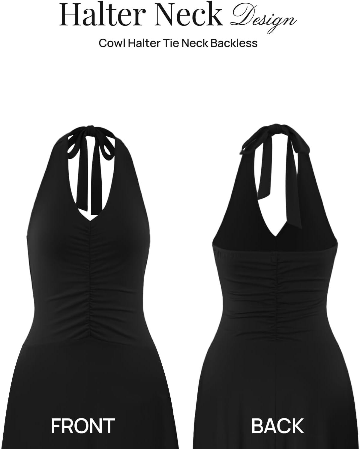 imageMEROKEETY Womens Formal Halter Maxi Dress 2026 Summer Backless Sleeveless V Neck Ruched Cocktail Wedding Guest DressesBlack