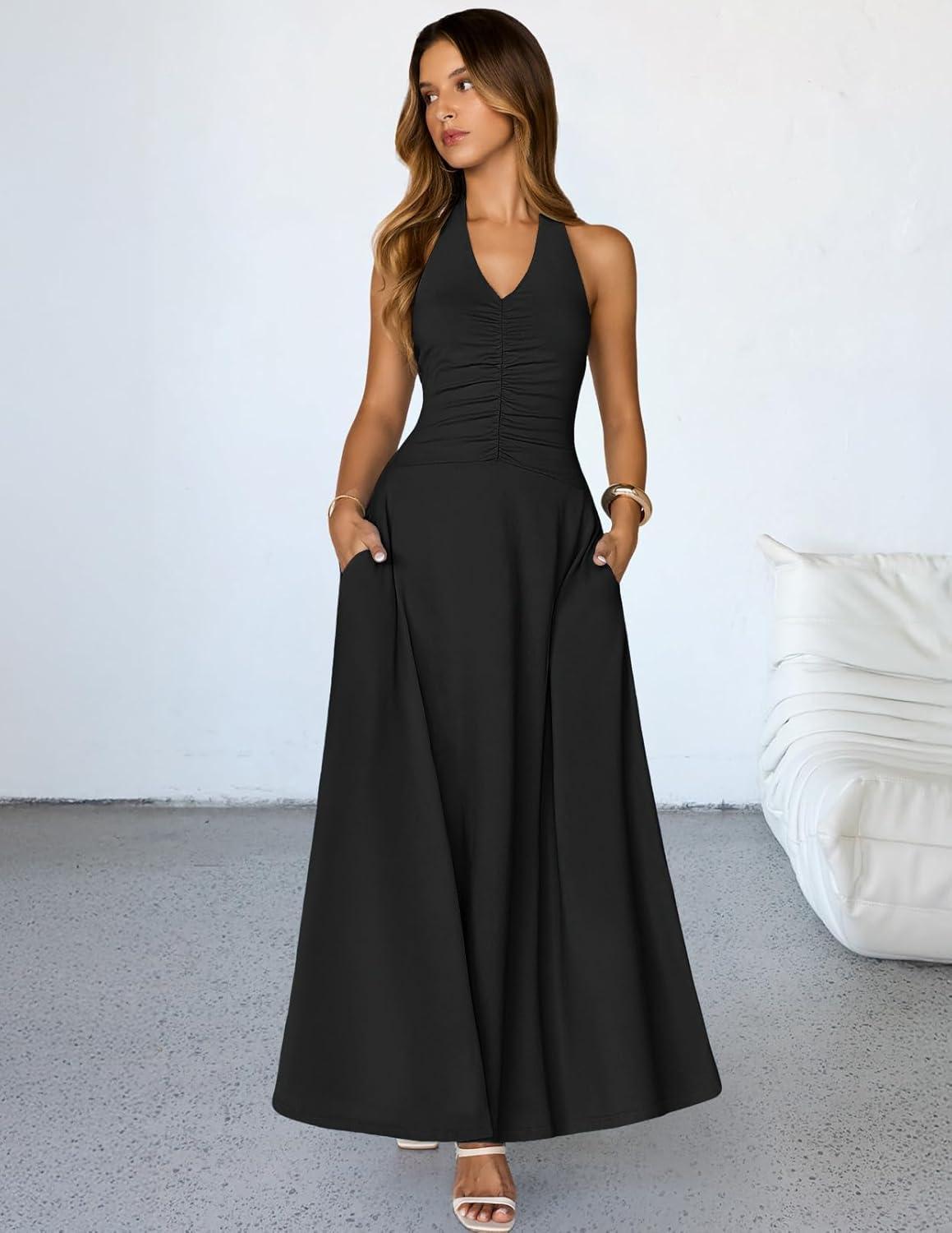 imageMEROKEETY Womens Formal Halter Maxi Dress 2026 Summer Backless Sleeveless V Neck Ruched Cocktail Wedding Guest DressesBlack