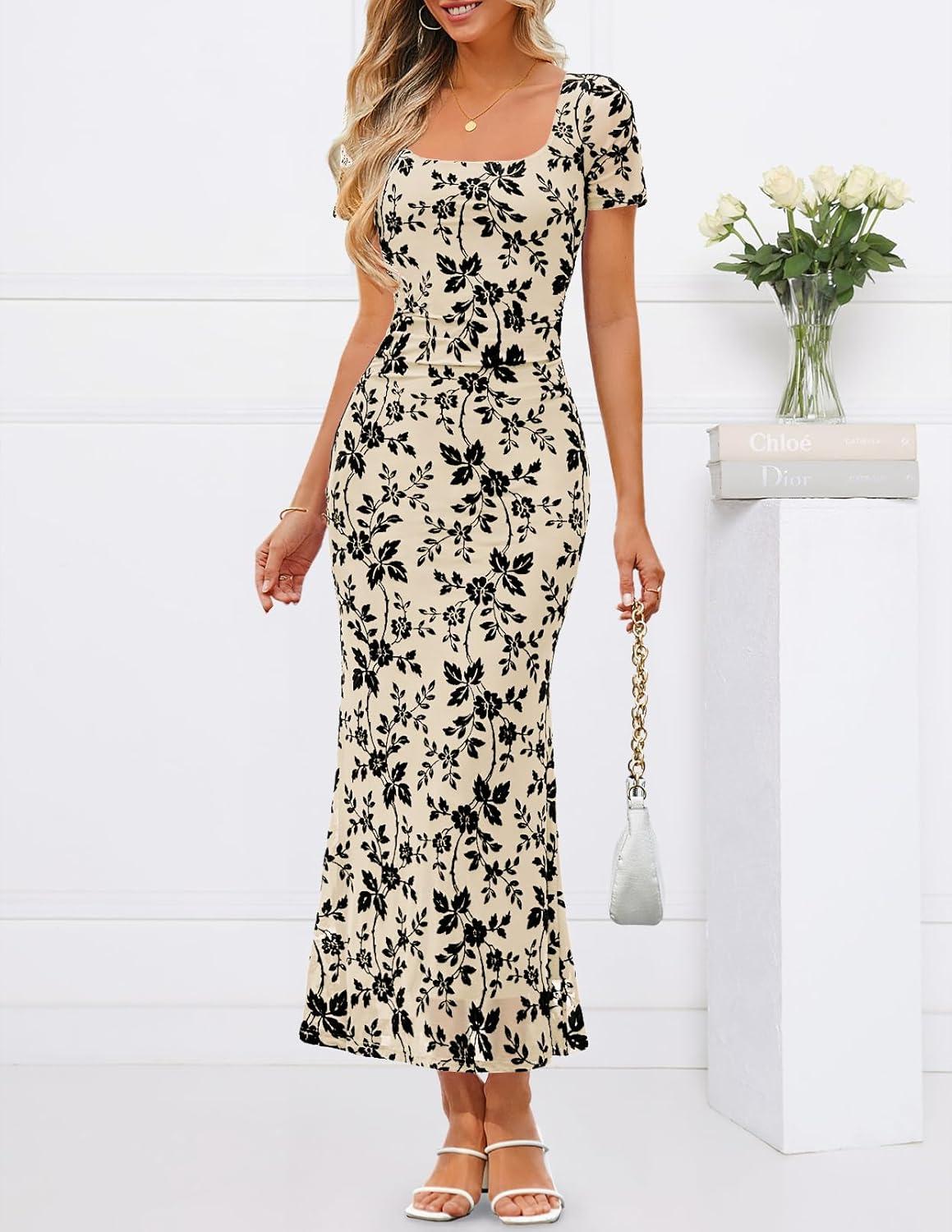 imageMEROKEETY Womens Summer Floral Bodycon Maxi Dress 2026 Square Neck Short Sleeve Mesh Wedding Guest Cocktail Party DressesApricot