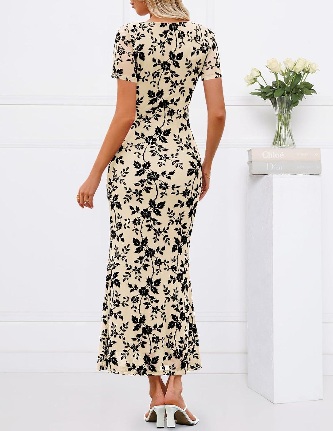 imageMEROKEETY Womens Summer Floral Bodycon Maxi Dress 2026 Square Neck Short Sleeve Mesh Wedding Guest Cocktail Party DressesApricot
