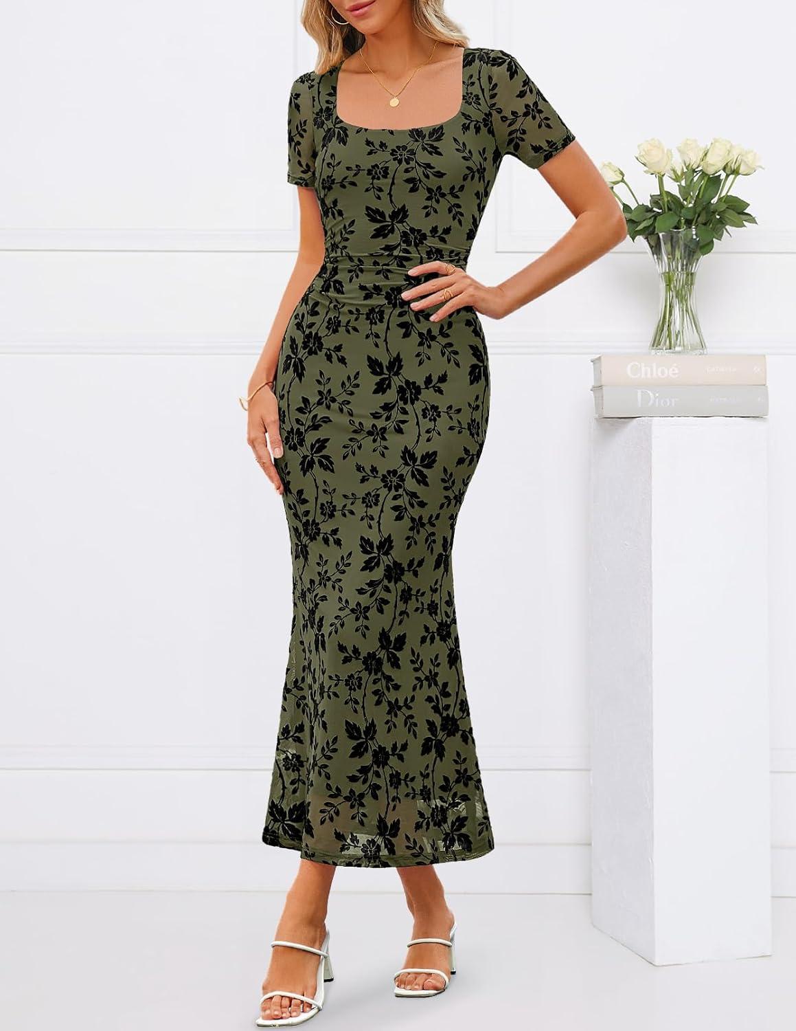 imageMEROKEETY Womens Summer Floral Bodycon Maxi Dress 2026 Square Neck Short Sleeve Mesh Wedding Guest Cocktail Party DressesArmy Green