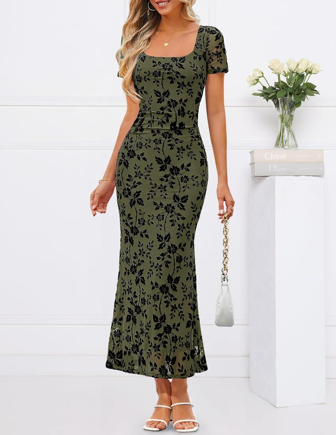 imageMEROKEETY Womens Summer Floral Bodycon Maxi Dress 2026 Square Neck Short Sleeve Mesh Wedding Guest Cocktail Party DressesArmy Green