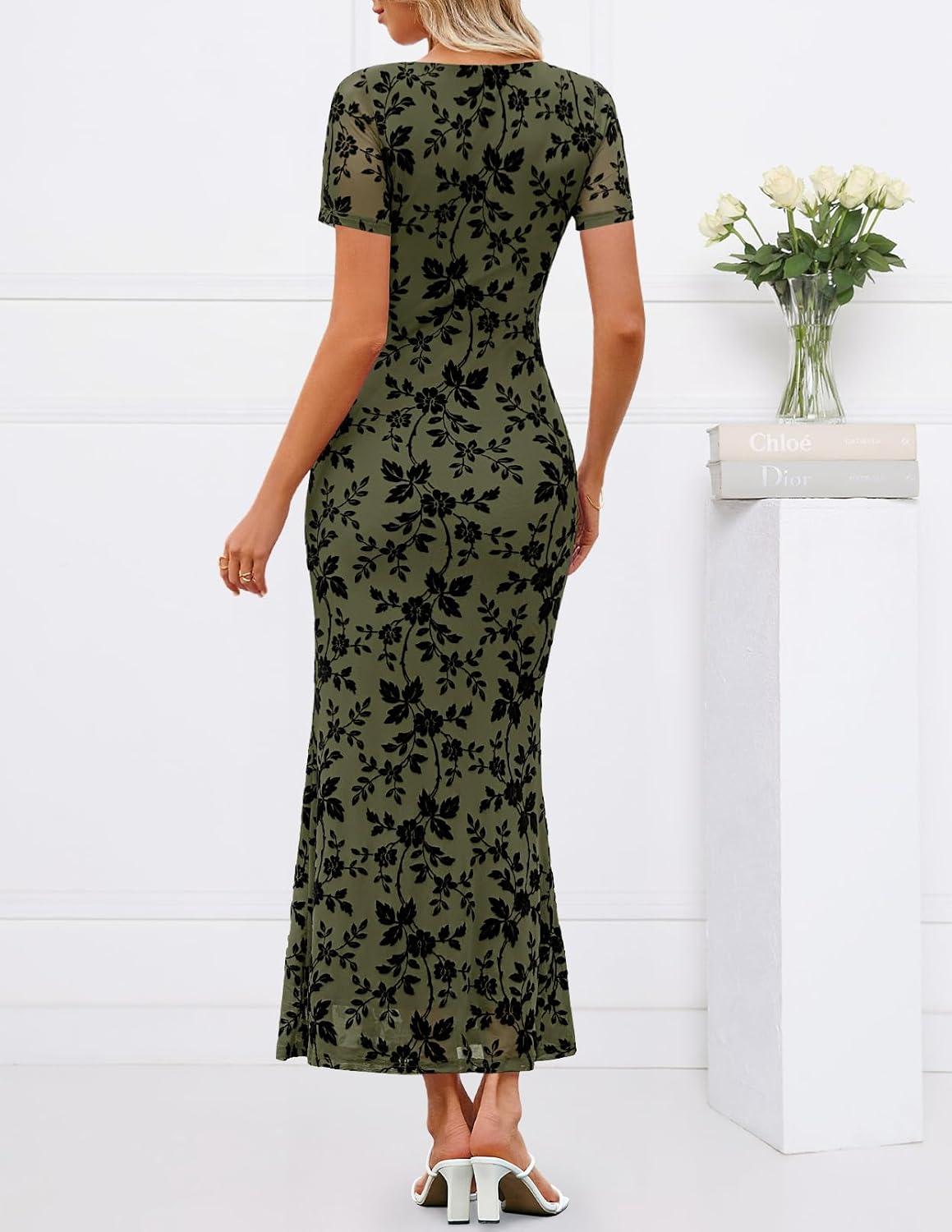 imageMEROKEETY Womens Summer Floral Bodycon Maxi Dress 2026 Square Neck Short Sleeve Mesh Wedding Guest Cocktail Party DressesArmy Green
