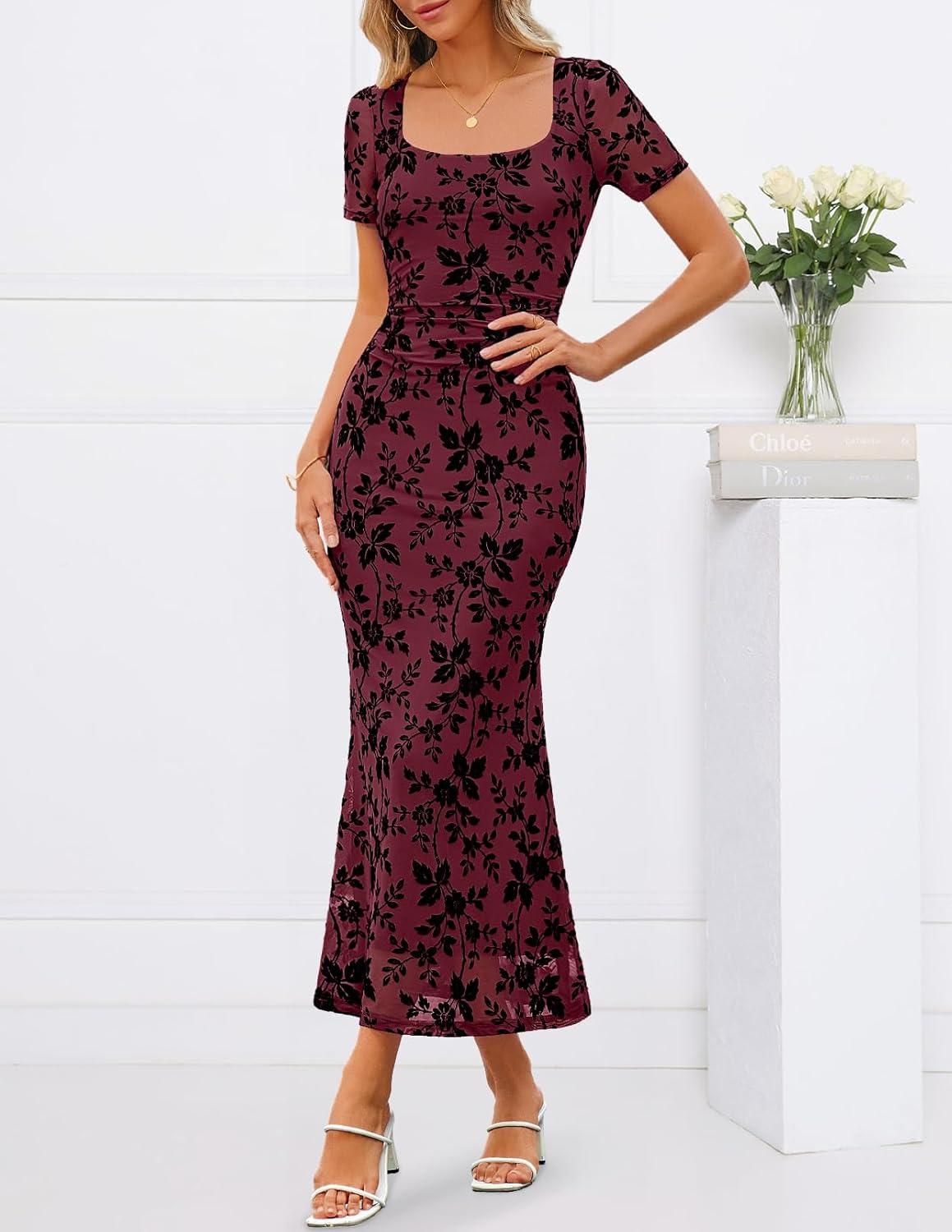 imageMEROKEETY Womens Summer Floral Bodycon Maxi Dress 2026 Square Neck Short Sleeve Mesh Wedding Guest Cocktail Party DressesBurgundy