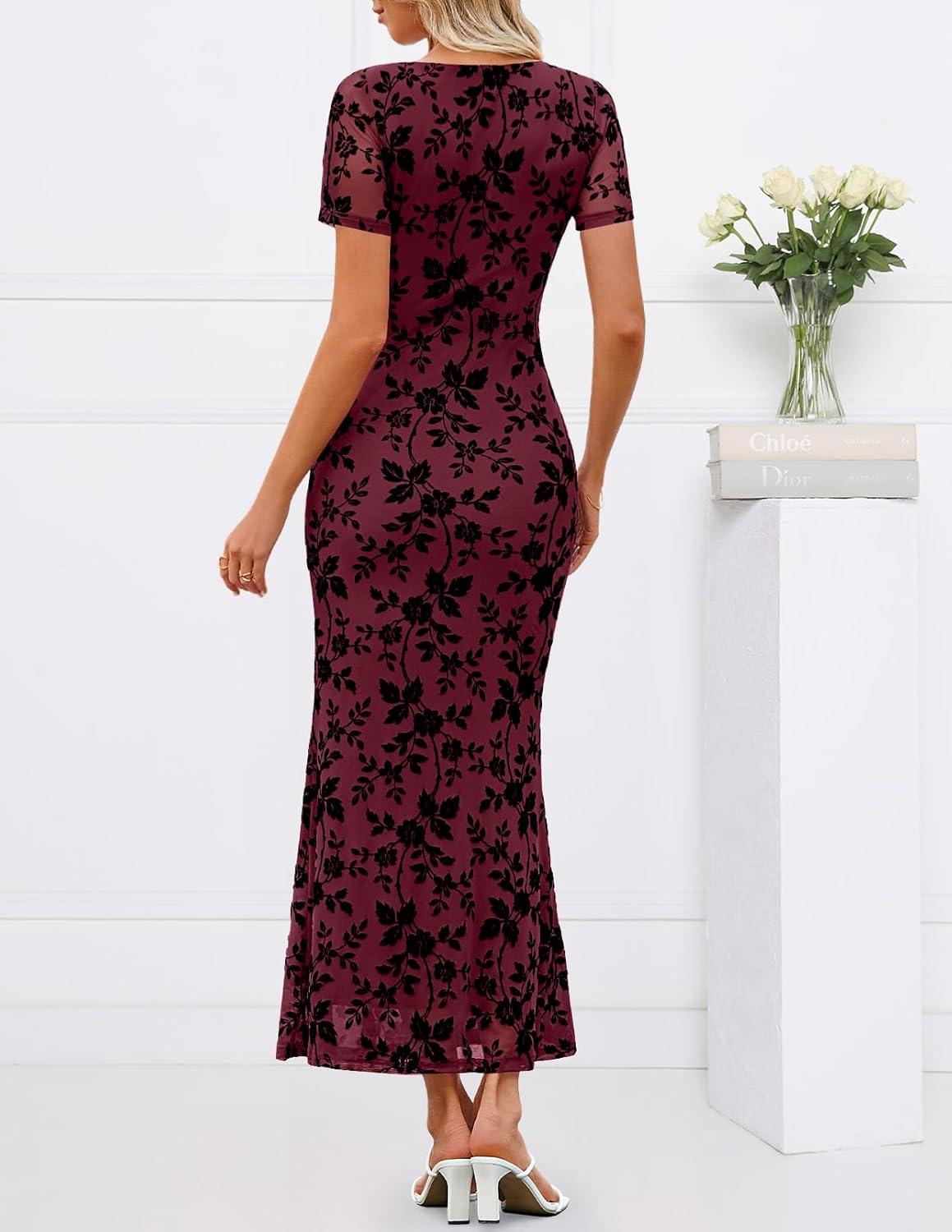 imageMEROKEETY Womens Summer Floral Bodycon Maxi Dress 2026 Square Neck Short Sleeve Mesh Wedding Guest Cocktail Party DressesBurgundy