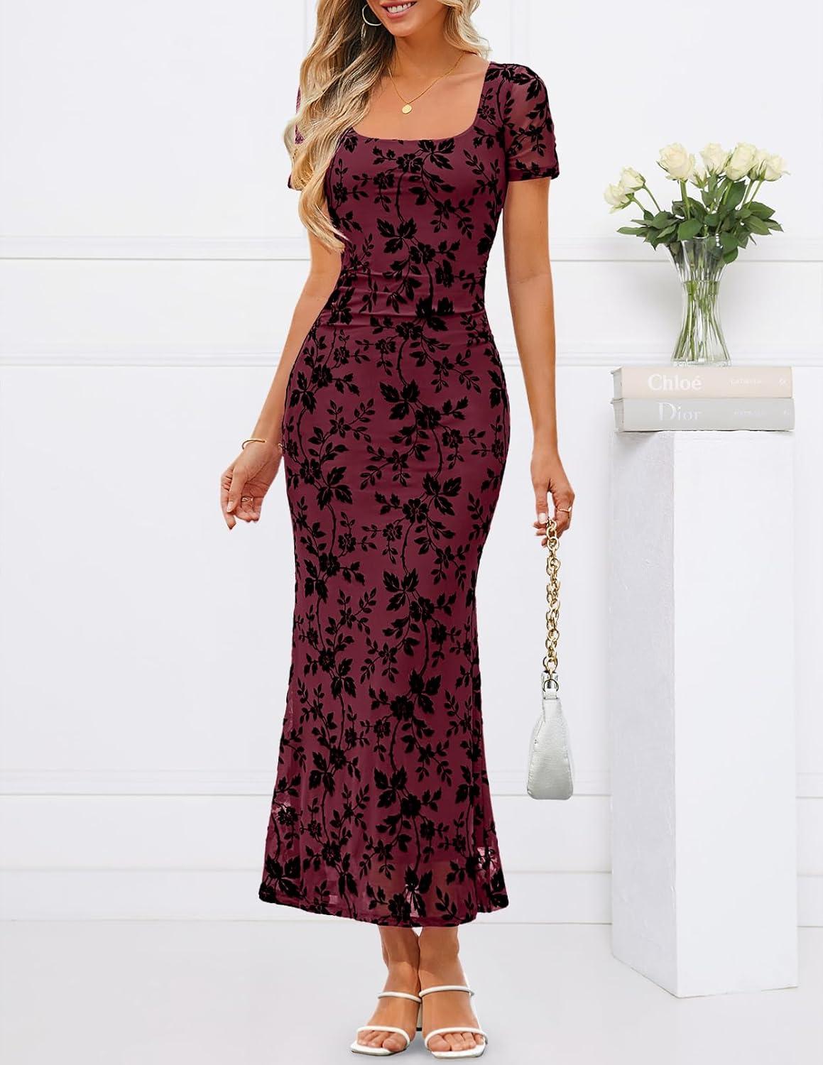 imageMEROKEETY Womens Summer Floral Bodycon Maxi Dress 2026 Square Neck Short Sleeve Mesh Wedding Guest Cocktail Party DressesBurgundy