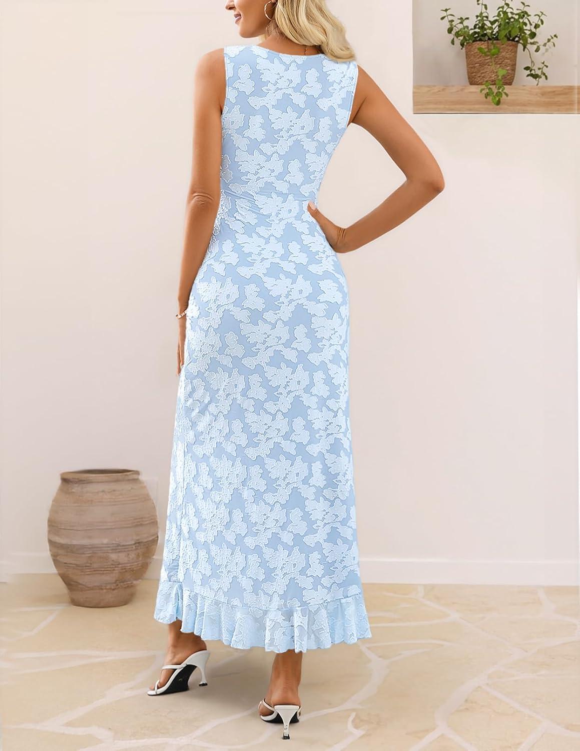 imageMEROKEETY Womens Summer Floral Ruffle Maxi Dress 2026 Sleeveless High Slit Bodycon Formal Cocktail Wedding Guest DressesBlue