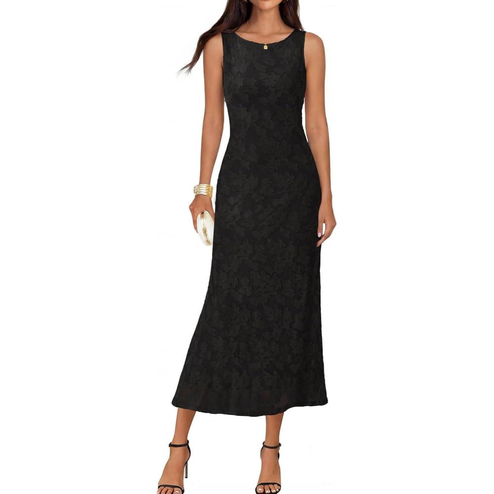 imageMEROKEETY Womens 2026 Summer Floral Maxi Dress Sleeveless Tie Waist Elegant Formal Bodycon Wedding Guest Party Long DressesBlack