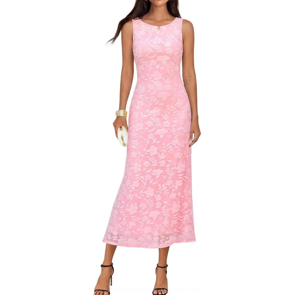 imageMEROKEETY Womens 2026 Summer Floral Maxi Dress Sleeveless Tie Waist Elegant Formal Bodycon Wedding Guest Party Long DressesPink