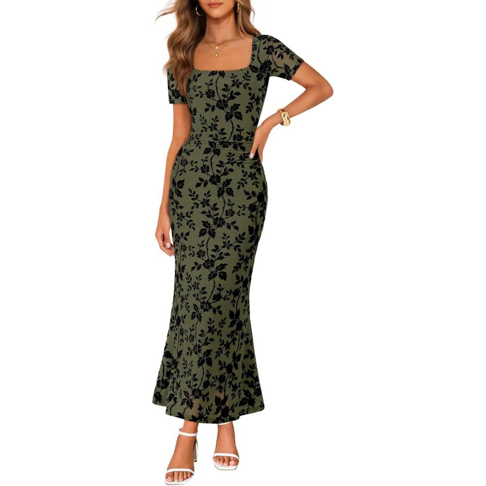 imageMEROKEETY Womens Summer Floral Bodycon Maxi Dress 2026 Square Neck Short Sleeve Mesh Wedding Guest Cocktail Party DressesArmy Green