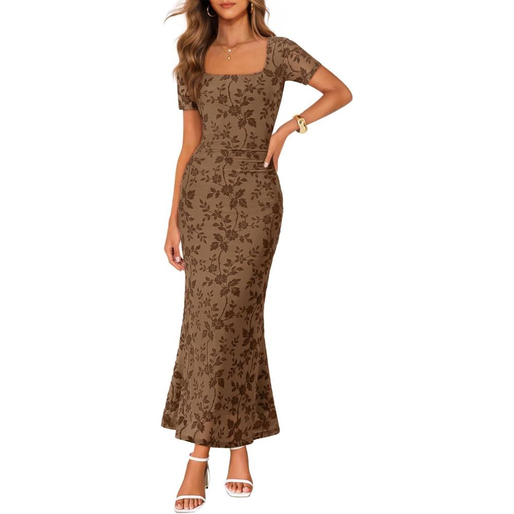 imageMEROKEETY Womens Summer Floral Bodycon Maxi Dress 2026 Square Neck Short Sleeve Mesh Wedding Guest Cocktail Party DressesBrown