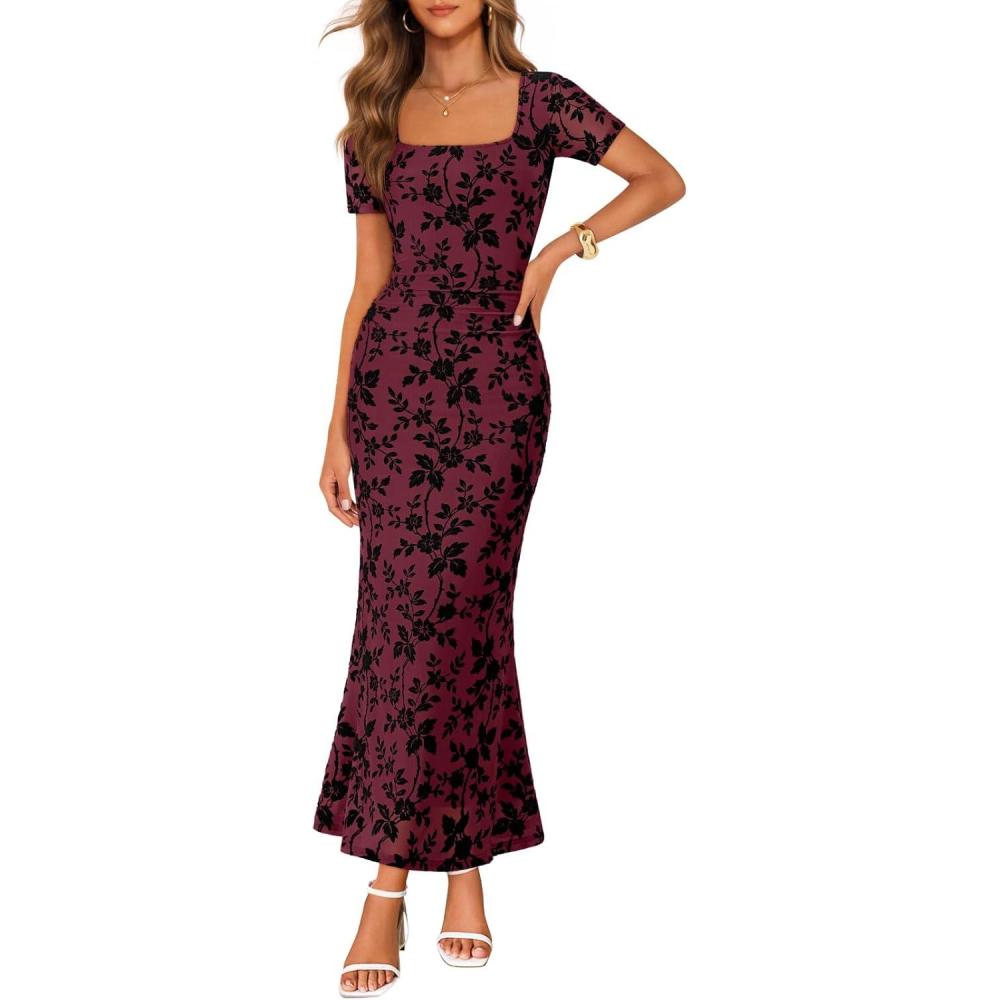 imageMEROKEETY Womens Summer Floral Bodycon Maxi Dress 2026 Square Neck Short Sleeve Mesh Wedding Guest Cocktail Party DressesBurgundy