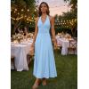 MEROKEETY Women’s Formal Halter Maxi Dress 2026 Summer Backless Sleeveless V Neck Ruched Cocktail Wedding Guest Dresses(Blue)
