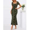 MEROKEETY Women’s Summer Floral Bodycon Maxi Dress 2026 Square Neck Short Sleeve Mesh Wedding Guest Cocktail Party Dresses(Army Green)