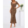 MEROKEETY Women’s Summer Floral Bodycon Maxi Dress 2026 Square Neck Short Sleeve Mesh Wedding Guest Cocktail Party Dresses(Brown)