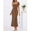MEROKEETY Women’s Summer Floral Bodycon Maxi Dress 2026 Square Neck Short Sleeve Mesh Wedding Guest Cocktail Party Dresses(Brown)