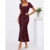 MEROKEETY Women’s Summer Floral Bodycon Maxi Dress 2026 Square Neck Short Sleeve Mesh Wedding Guest Cocktail Party Dresses(Burgundy)