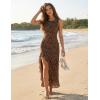 MEROKEETY Women’s Summer Floral Ruffle Maxi Dress 2026 Sleeveless High Slit Bodycon Formal Cocktail Wedding Guest Dresses(Brown)