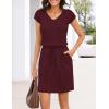 MEROKEETY Women’s Summer Short Sleeve Mini Dress 2026 Casual V Neck Tie Waist Beach Vacation T-Shirt Sundress with Pockets(Burgundy)