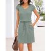 MEROKEETY Women’s Summer Short Sleeve Mini Dress 2026 Casual V Neck Tie Waist Beach Vacation T-Shirt Sundress with Pockets(Seagrass)