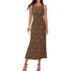 MEROKEETY Womens 2026 Summer Floral Maxi Dress Sleeveless Tie Waist Elegant Formal Bodycon Wedding Guest Party Long Dresses(Brown)