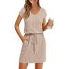 MEROKEETY Women’s Summer Short Sleeve Mini Dress 2026 Casual V Neck Tie Waist Beach Vacation T-Shirt Sundress with Pockets(Apricot)