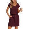 MEROKEETY Women’s Summer Short Sleeve Mini Dress 2026 Casual V Neck Tie Waist Beach Vacation T-Shirt Sundress with Pockets(Burgundy)