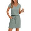 MEROKEETY Women’s Summer Short Sleeve Mini Dress 2026 Casual V Neck Tie Waist Beach Vacation T-Shirt Sundress with Pockets(Seagrass)
