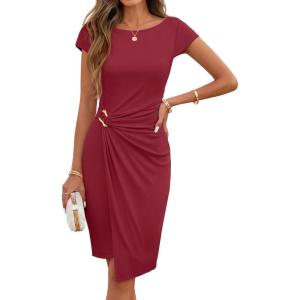 MEROKEETY Women’s 2026 Summer Bodycon Mini Dress Cap Sleeve Ruched Wedding Guest Cocktail Party Beach Sundress(Wine)