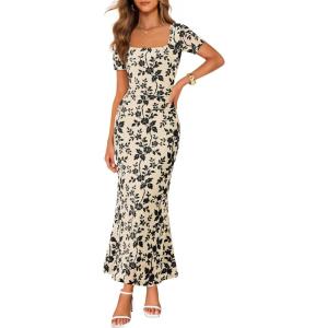 MEROKEETY Women’s Summer Floral Bodycon Maxi Dress 2026 Square Neck Short Sleeve Mesh Wedding Guest Cocktail Party Dresses(Apricot)