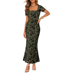 MEROKEETY Women’s Summer Floral Bodycon Maxi Dress 2026 Square Neck Short Sleeve Mesh Wedding Guest Cocktail Party Dresses(Army Green)