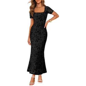MEROKEETY Women’s Summer Floral Bodycon Maxi Dress 2026 Square Neck Short Sleeve Mesh Wedding Guest Cocktail Party Dresses(Black)