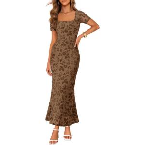 MEROKEETY Women’s Summer Floral Bodycon Maxi Dress 2026 Square Neck Short Sleeve Mesh Wedding Guest Cocktail Party Dresses(Brown)