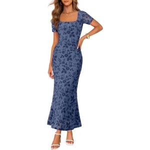 MEROKEETY Women’s Summer Floral Bodycon Maxi Dress 2026 Square Neck Short Sleeve Mesh Wedding Guest Cocktail Party Dresses(Dusty Blue)
