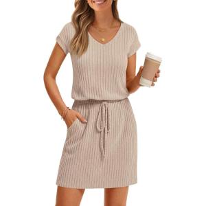 MEROKEETY Women’s Summer Short Sleeve Mini Dress 2026 Casual V Neck Tie Waist Beach Vacation T-Shirt Sundress with Pockets(Apricot)