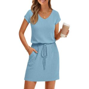 MEROKEETY Women’s Summer Short Sleeve Mini Dress 2026 Casual V Neck Tie Waist Beach Vacation T-Shirt Sundress with Pockets(Blue)